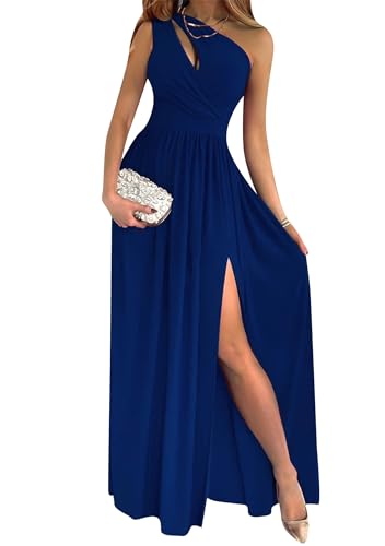 OMZIN Damen Off The Shoulder Brautjungfernkleider Ausschnitt Hochzeit Party Maxikleider Seitenschlitz A-Linie Langes Kleid Blau XL von OMZIN
