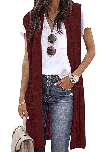 OMZIN Damen Open Front Ärmellose Strickjacke Leichte Lange Weste Feste Farbe Drapiert Duster Vest Burgundy XL von OMZIN