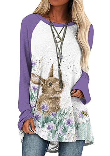 OMZIN Damen Osterhasen Hemd süßes Kaninchen lässiges Sweatshirt Häschen Hase Langarm Pullover Oberteil Lila S von OMZIN