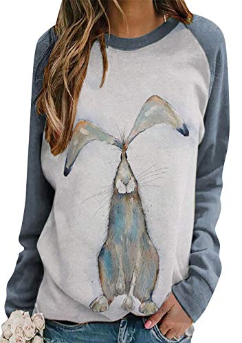 OMZIN Damen Ostern Shirt mit Langarm Sweatshirt Langarmshirt Elegante Oberteile Damen Basic Casual Tops Lose Tshirt Rundhals Bluse Grau M von OMZIN