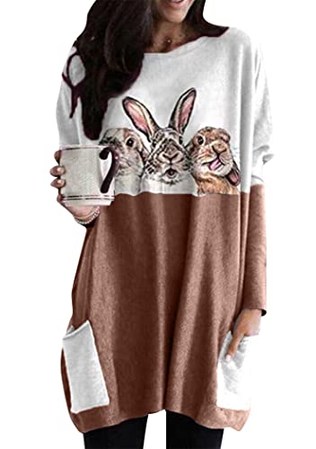 OMZIN Damen Ostern Sweatshirt mit Rundhalsausschnitt Hasendruck Langarm Hasen Top Grafik tailliertes Sweatshirt Khaki DREI Hasen 3XL von OMZIN