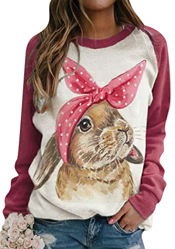 OMZIN Damen Ostern Tag Crewneck Shirts Bunny Gedruckt Lose Pullover Langarm Kaninchen Sweatshirt Tops Rosenrot XL von OMZIN