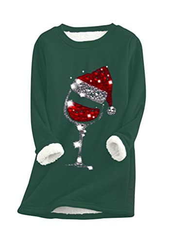 OMZIN Damen Oversize Lose Bluse Weihnachtsmann Hut Weinglas Druck Sweatshirt Weihnachten Farbblock Tunika Pullover, Grün , XX-Large von OMZIN