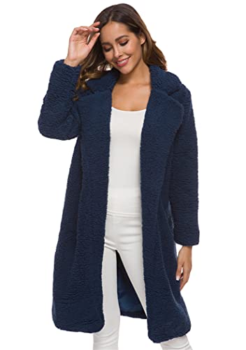 OMZIN Damen Oversize Mantel Teddy Fleece Strickjacke Casual Cardigan Fleecejacke Oversize für Winter Teddyjacke Wollmantel Navy Blau L von OMZIN