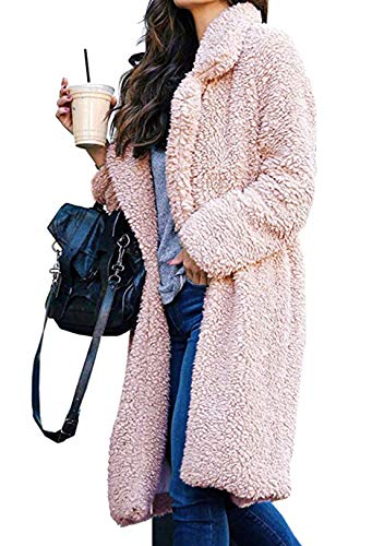 OMZIN Damen Wintermantel Oversize Mantel Teddy Fleece Strickjacke Casual Cardigan Fleecejacke Für Winter Teddy Jacke Wollmantel Rosa L von OMZIN