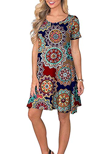 OMZIN Damen Partykleid Baumwolle A-Linie Freizeitkleid geblümt Bedruckt Freizeitkleider Roter Ring M von OMZIN