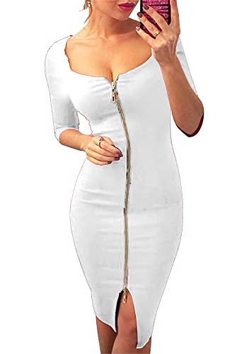 OMZIN Damen Sexy Kleider Reißverschluss Sommerkleid tiefer Ausschnitt Bodycon Kleid Knielang Partykleid Weiß M von OMZIN