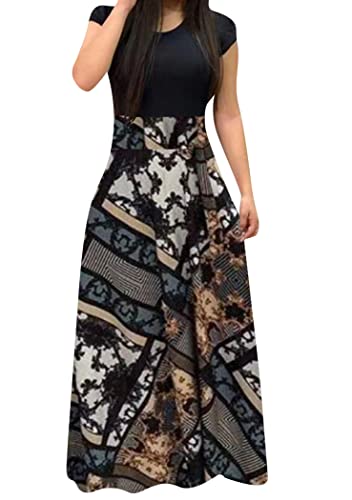 OMZIN Damen Patchwork Rundhals Kleid Floral Fit und Hochzeitsgast Cocktailkleid Schwarz Muster L von OMZIN