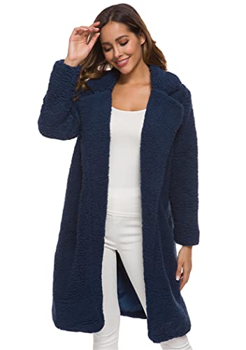 OMZIN Damen Winter Plüschmantel Coat Frau Fleecemantel Winter Cardigan Langarm Mantel Outwear Strickjacke Teddy-Fleece Kapuzenjacke Navy Blau S von OMZIN