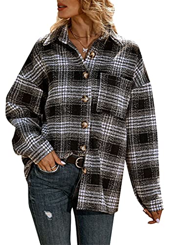 OMZIN Damen Plaid Langarm Button-Down-Kragen Lässiges Loses Langes Hemd Übergroßer Mantel mit Schwarzen Gürteltaschen 3XL von OMZIN