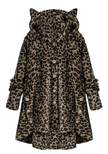 OMZIN Damen Plüschjacke Lang Herbst Winter Warme Fleecemantel mit Kapuze Katzenohren Knopf Elegant Teddy-Fleece Plüsch Oversize Teddy Sweatshirt Mantel Brauner Leopard M von OMZIN