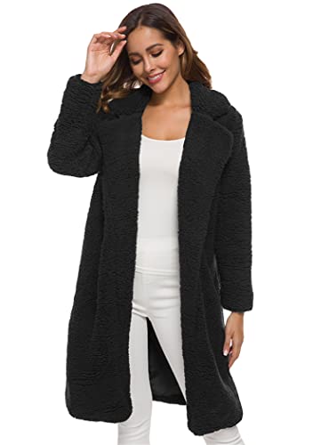 OMZIN Damen Plüschmantel Frau Kapuzenjacke Plüsch Warmen Lange Ärmel Parka Teddy-Fleece Trench Coat Schwarz L von OMZIN