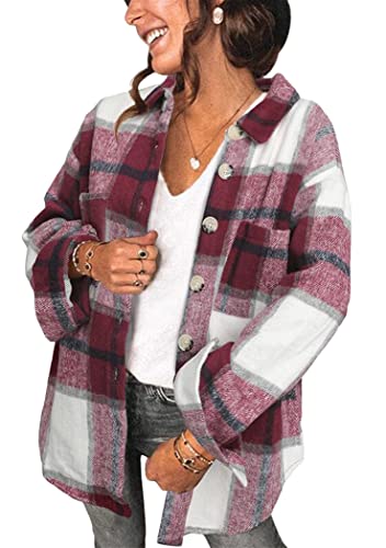 OMZIN Damen Plus Plaid Button Down Cardigan Langarm Flanelljacke Freizeit Oberbekleidung mit Taschen Weinrot L von OMZIN