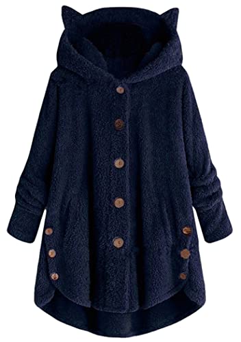 OMZIN Damen Plus Size Button Plüsch Top Kapuze verlieren Strickjacke Wolle Mantel Winterwärme Jacke Mode Mantel Navy Blau S von OMZIN
