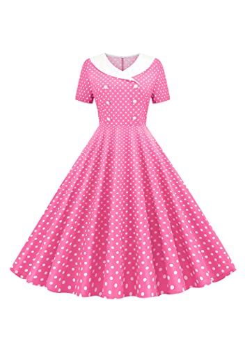 OMZIN Damen Polka Dot Audrey Hepburn Style Kleider 1950er Jahre Vintage Double Breasted Cape Collar Cocktailkleid Rosa S von OMZIN