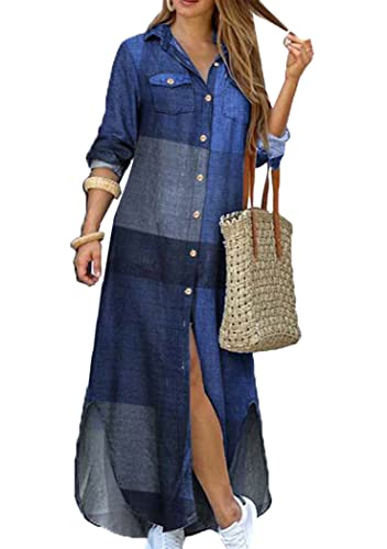 OMZIN Damen Print Langarm Shirt Kleid Casual Lose Button Down Maxi Partykleider Mit Tasche Blau Xs von OMZIN