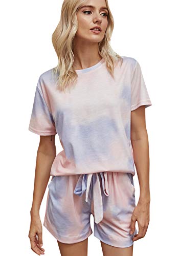 OMZIN Damen Pyjama Leicht Große Größen Tie-dye Nachthemd Zweiteilig Weich Schlafhemd Rosa/Violett S von OMZIN