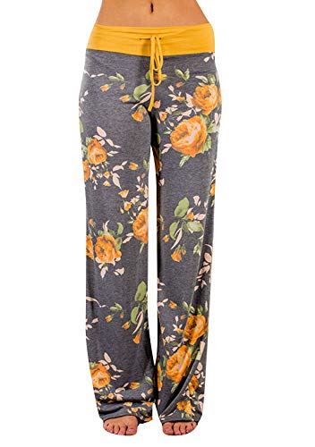 OMZIN Damen Pyjamahose mit Blumenmuster Freizeithose Hausehose mit Kordelzug Yogahose Loose weites Bein Lang Hoch Taile Gelb XL von OMZIN