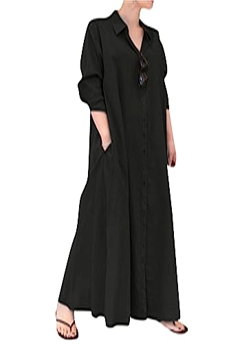 OMZIN Damen Revers Baumwolle Und Leinen Hemdkleid Langarm Einfarbige Maxi Kleid Button down Langes Kleid Schwarz M von OMZIN