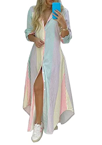 OMZIN Damen Revers Knopfleiste Maxi Split Shirt Kleid Langarm Floral Oversize Lose Tunika Lange Kleider Streifen M von OMZIN