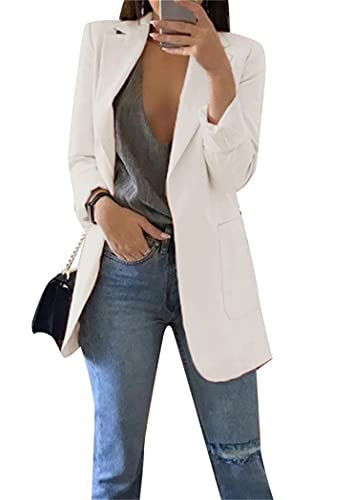 OMZIN Damen Revers Tasche Knopf Arbeit Büro Blazer Jacke Anzug Langarm Solide Casual Blazer Formaler Slim Büroanzug Weiß 4XL von OMZIN