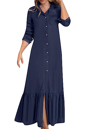 OMZIN Damen Reverskragen Denim Shirt Kleid Plus Size Lose Maxi Kleid Gekräuselt Langärmliges Kleid Marineblau L von OMZIN