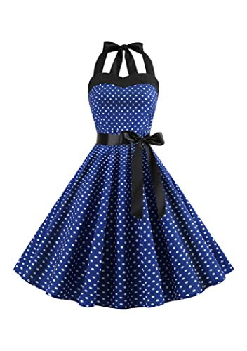 OMZIN Damen Rockabilly Ärmelloses Rock Kleid Vintage 1950er Halter Neck Polka Dots Cocktailkleid Dunkelblau L von OMZIN