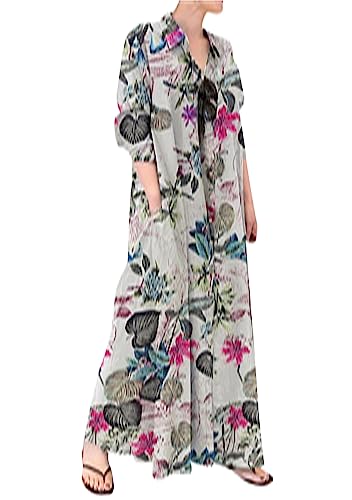 OMZIN Damen Rolled-Up Ärmel Kleid Mit Tasche Button down Hemd Baumwolle Und Leinen Maxi Loose Kleider Floral White L von OMZIN