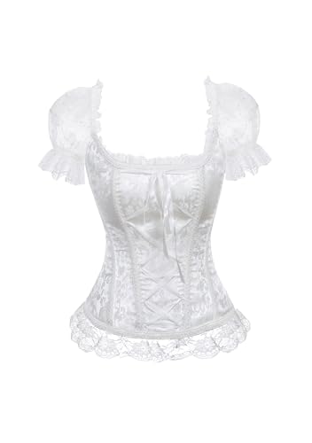 OMZIN Damen Royal Court Spitze up Bustier Quadrat Hals Geraffte ärmel Top Leichtes Gewicht Vintage Renaissance Kostüm Tops Weiß L von OMZIN
