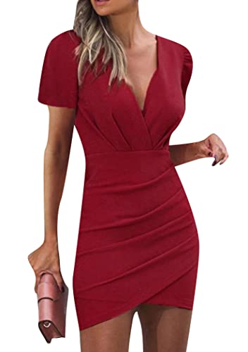 OMZIN Damen Rüschen Elegant Bodycon Kurzarm Wickel Einfarbig Lässig Basic Tailliert Kurze Kleider Weinrot L von OMZIN