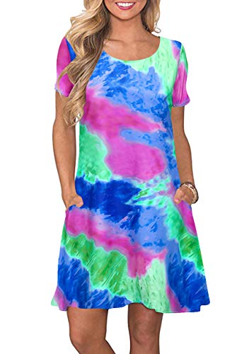 OMZIN Damen Rundhals A-Linie Kleid Träger Casual Kleider Sommerkleider Strandkleider Knielang Kurzarm mit Tie Dye Druck Blau 5XL von OMZIN