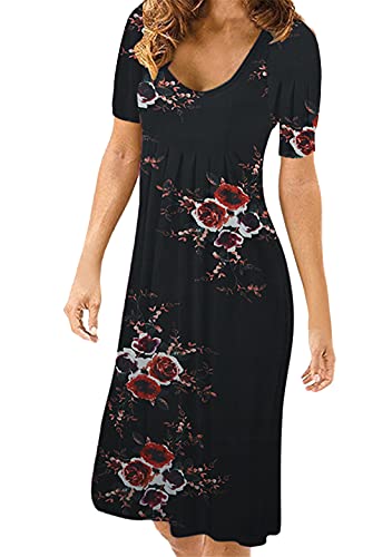 OMZIN Damen Casual Floral Print Rundhalsausschnitt Kurzarm Sommer Boho Strandkleid Hohe Taille Lange Minikleider Schwarz Blume S von OMZIN