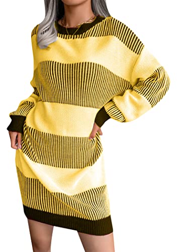 OMZIN Damen Rundhals-Pulloverkleid Pullover Mit Vertikalen Streifen Und Nähten Taillenkleid Gelb M von OMZIN
