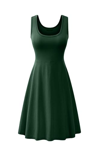 OMZIN Damen Rundhalsausschnitt Kleid Baumwolle ärmelloses Freizeitkleid A-Linie Partykleid Dunkelgrün XL von OMZIN