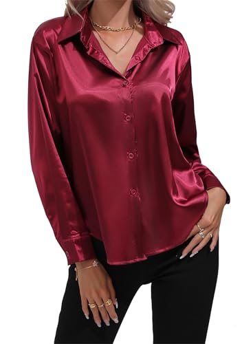 OMZIN Damen Satin Bluse Revers Button Down Langarm Bluse Lose Einfarbige Bluse Weinrot 3XL von OMZIN