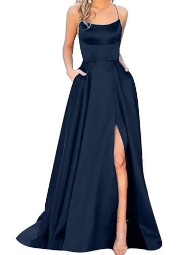 OMZIN Damen Satin Brautjungfernkleid Maxikleid Mit Seitenschlitz Rückenfrei Schnürung Rundhalsausschnitt Spaghettiträgerkleid Mit Taschen Marineblau XS von OMZIN