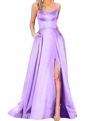 OMZIN Damen Satin Brautjungfernkleid Mit Seitenschlitz Rundhalsausschnitt Maxi Kleid Mit Hoher Taille Spaghettiträger Abendkleid Hellviolett XS von OMZIN