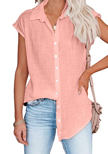 OMZIN Damen Satin Hemd V Ausschnitt Kurzarm Button Down Revers Hemd Lässig Lose Büro Bluse Tops Rosa L von OMZIN