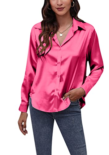 OMZIN Damen Satin Hemden Button Down Bluse Casual Langarm Seidenbluse Büroarbeit Top Rose L von OMZIN