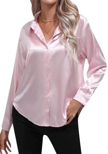 OMZIN Damen Satin Langarm Bluse Button Shirt Casual V Hals Tops Büro Arbeit Tops Pk XL von OMZIN