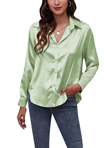 OMZIN Damen Satin V Ausschnitt Langarm schick fließend einfarbig Arbeitsbluse Shirt Oberteile Hellgrün M von OMZIN