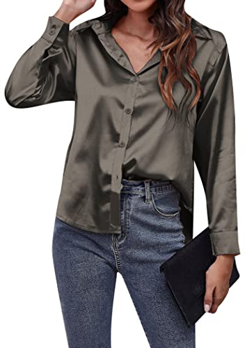 OMZIN Damen Satin V-Ausschnitt Shirt Pullover Lässig Langarm Seidenbluse Büro Arbeit Bluse Dunkelgrau L von OMZIN