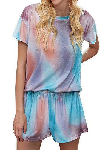 OMZIN Damen Schlafanzüge Nett Rundhals Pyjama Baumwolle Sommer Mode Sommer Nachtwäsche Galaxy Blue M von OMZIN