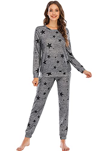 OMZIN Damen-Schlafanzug-Set langärmelig weiche Baumwolle Nachtwäsche Sternmuster Nachtwäsche Zweiteiliger Sleepwear Schwarz S von OMZIN