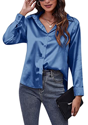 OMZIN Damen Seidenbluse Langarm Satin Button Down Hemd Freizeit Arbeit Büro Seidenbluse Top Blau L von OMZIN