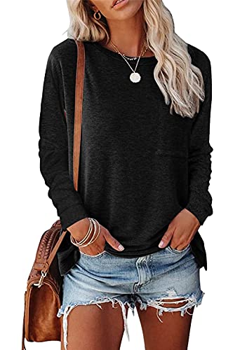 OMZIN Damen Sexy Schulterfreies Sweatshirt Lässige Lose Langarm Baumwollblusen Tops Solide Basic T-Shirt Schwarz XL von OMZIN