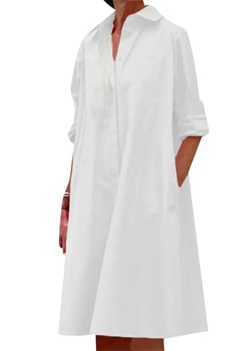 OMZIN Damen Shirt Kleider Farbe Block Button Down Casual Roll Up Sleeve Midi Revers Kleid Solid Weiß M von OMZIN