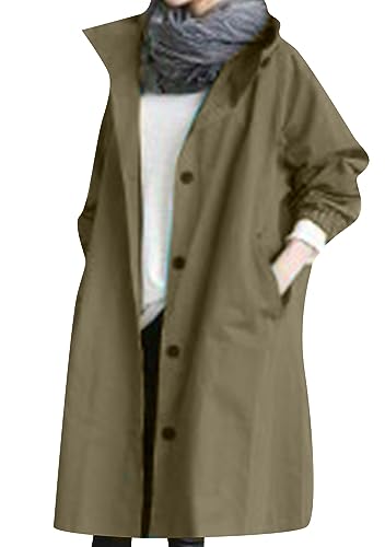 OMZIN Damen Single Breasted Trenchcoat Klassische Kapuze Overcoat Kordelzug Taille Loose Outwear Armee Grün M von OMZIN