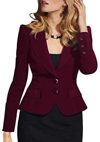 OMZIN Damen Slim Fit Cropped Blazer Einfarbig Langarm Jacke Cardigan Revers Hals Jacke Arbeit Blazer Weinrot M von OMZIN