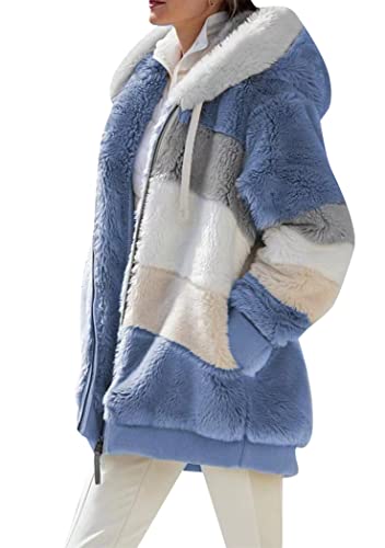 OMZIN Damen Soft Teddy Fleece Kapuzenpullover Kapuzenjacke Mantel Shaggy Teddy Outwear Blau L von OMZIN